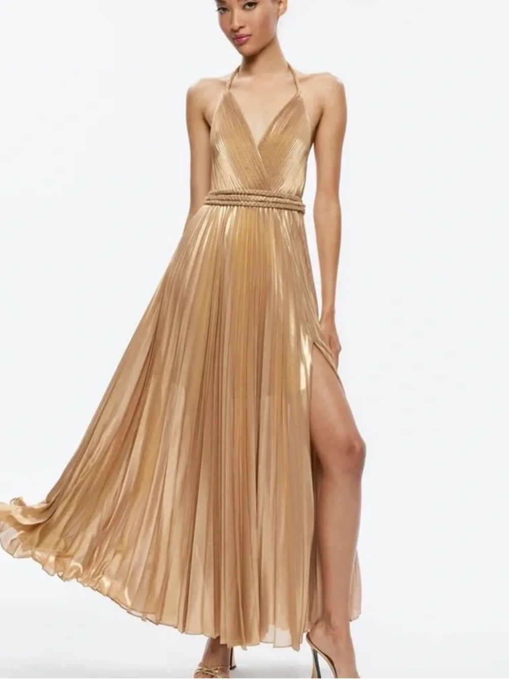 Alice + Olivia Metallic Gold Halter Pleated Maxi Dress